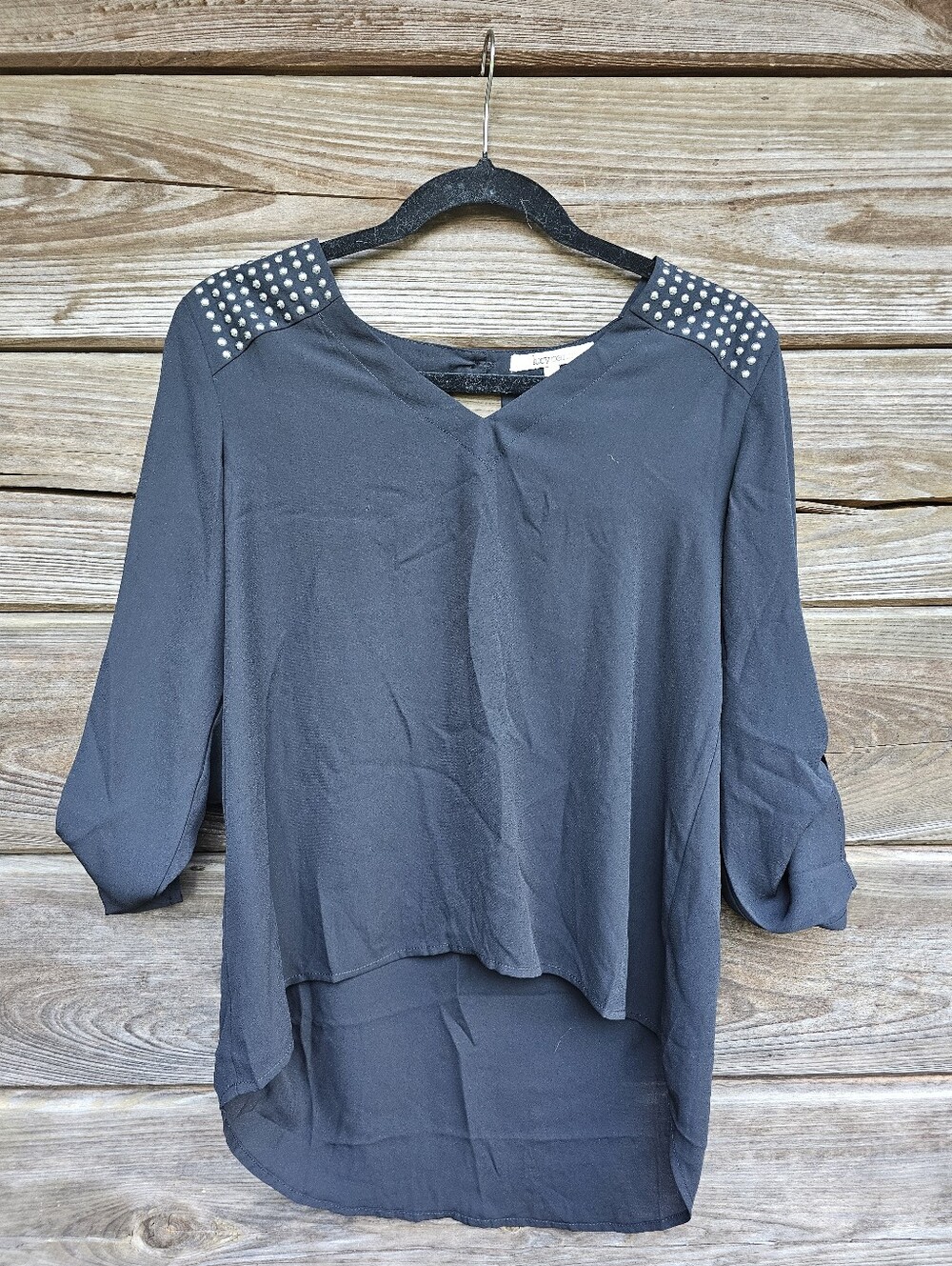 Lucy Paris Black Studded Shoulder High-Low Blouse Size Small